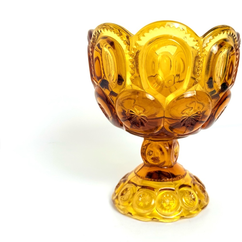 Vintage LE Smith Moon and Stars Amber Glass Pedestal Compote Candy Dish 5.5”H